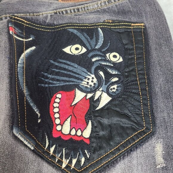 Ed Hardy Denim‎ embroidered black panther head patch leopard jean 40x34 Y2K Rare - Picture 8 of 12